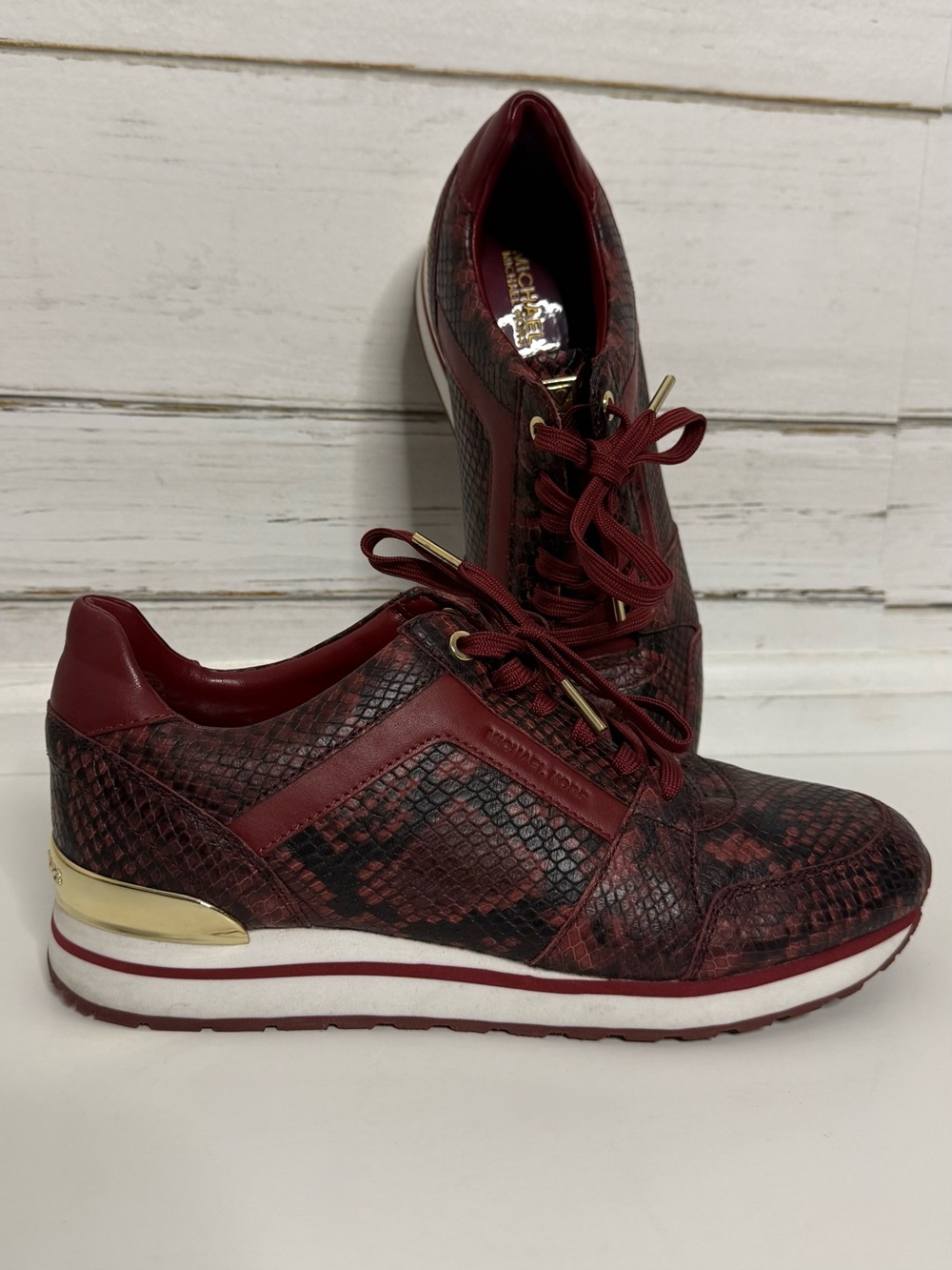 Michael Kors Burgundy Snakeskin Print Leather Sneakers Gold Tone